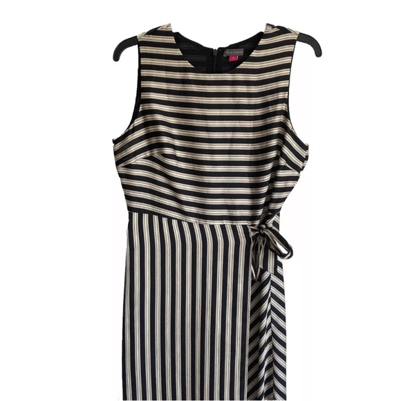 Vince Camuto Faux Wrap Dress Satin Striped Sleeveless Midi Flowy - Picture 8 of 15